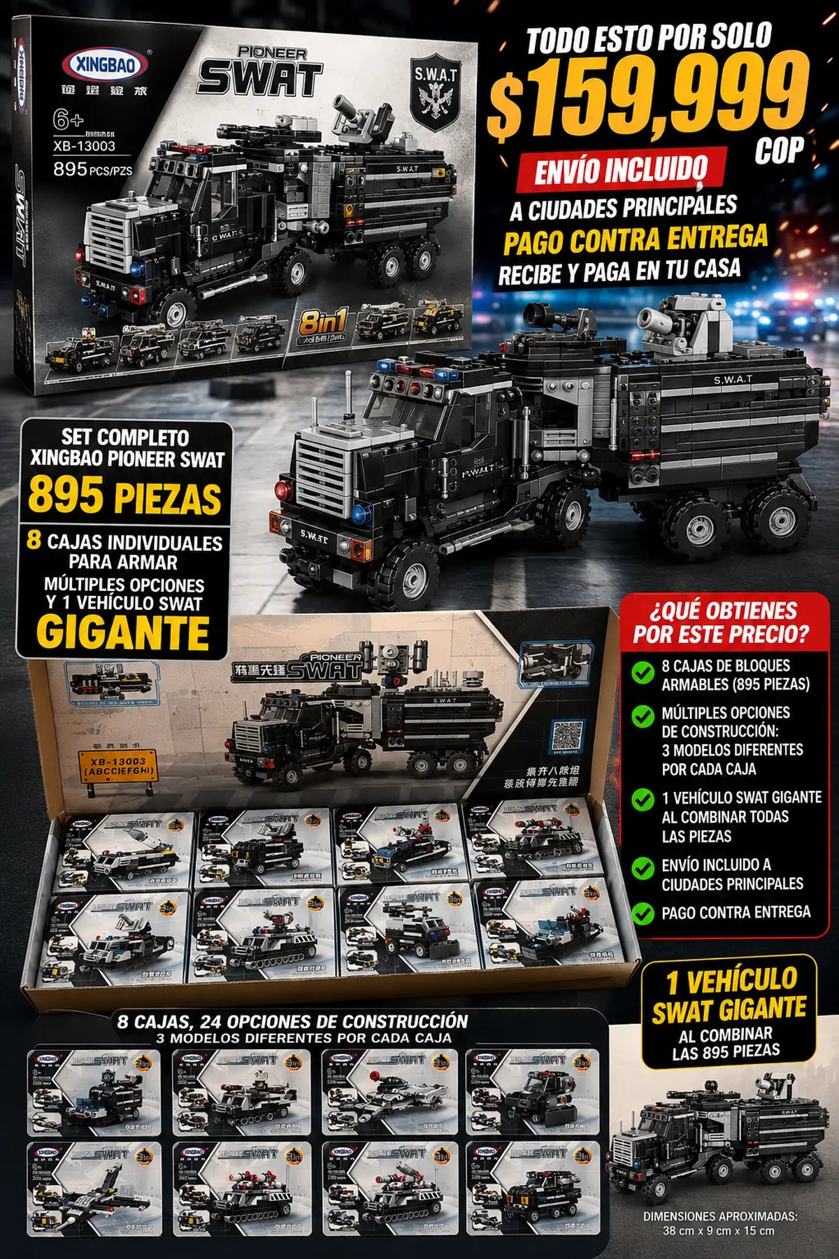 🚓👮‍♂️ Set de 895 piezas, 8 Modelos SWAT XINGBAO – Construye tu escuadrón 🚁💥